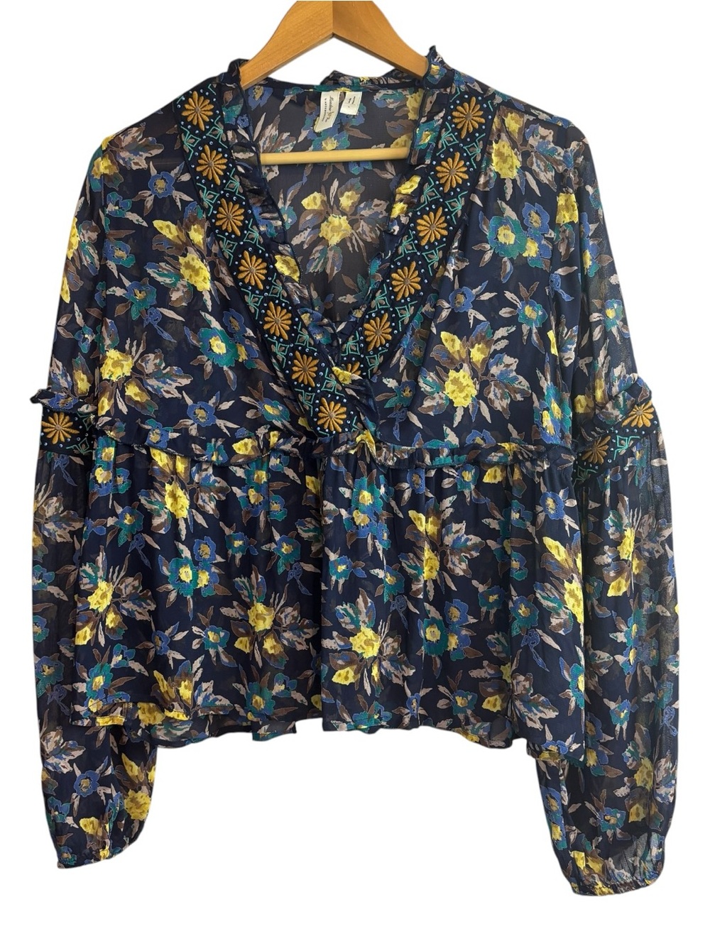 Meadow Rue by Anthropologie Top Blouse Navy Floral Sheer peasant Embroidered S